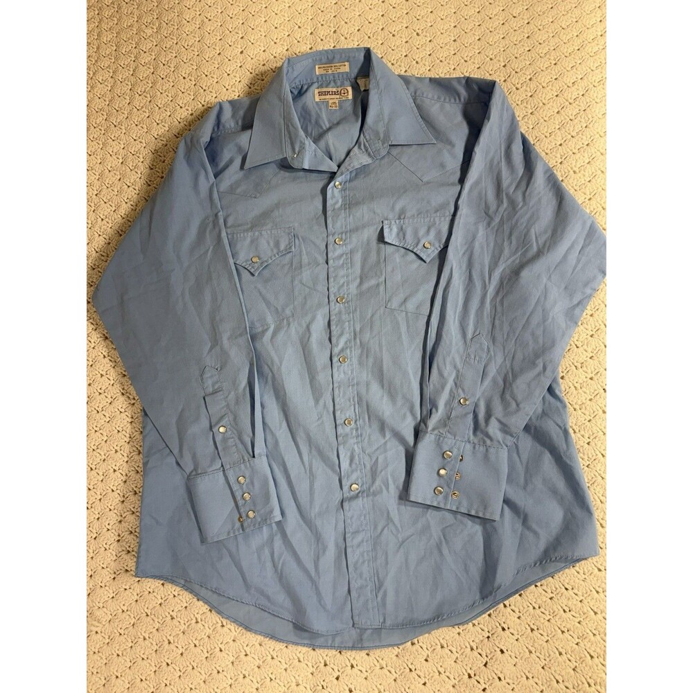 Sheplers Shirt Men 16.5-33 Blue Western Long Sleeve Sawtooth Pearl Snap Vtg 90s
